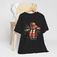 Load image into Gallery viewer, Trump 2024 No More Bullshit Tee – Command Attention with Bold Unisex Comfort [Hanging on a chair]
