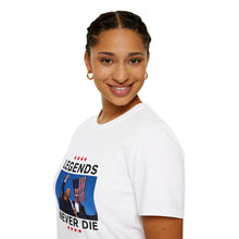 Load image into Gallery viewer, Legends Never Die Trump 2024 T-Shirt - Unisex MAGA Apparel [White Tee Close-up on model]
