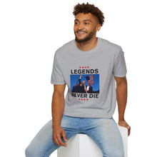 Load image into Gallery viewer, Legends Never Die Trump 2024 T-Shirt - Unisex MAGA Apparel [Sport Grey on male model]
