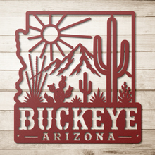 Load image into Gallery viewer, Buckeye_Roots_Metal_Sign__Arizona_Deser_Red_Simple_Wood_BKGD_Mockup.png_15881282
