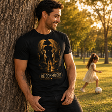 Load image into Gallery viewer, Man wearing a Be Confident Atreyu Sphinx Gate T-Shirt, leaning against a tree in a park with a child playing in the background.
