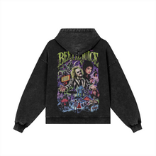 Load image into Gallery viewer, Wear Your Horror Heart | Beetlejuice LOVE TO DEATH Zip Hoodie [BACK, HOOD DOWN]
