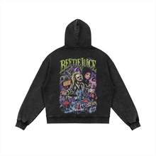 Load image into Gallery viewer, Wear Your Horror Heart | Beetlejuice LOVE TO DEATH Zip Hoodie [BACK. HOOD UP]
