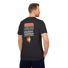 Load image into Gallery viewer, Squats: Because Nobody Likes a Flat Personality | Adidas Gym T-shirt by VTown Designs Male Model Back
