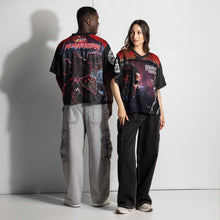 Load image into Gallery viewer, Stranger Things Demogorgon Boxy Football Jersey (FRONT &amp; BACK) on Male and female model.

