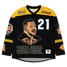 Load image into Gallery viewer, Tonka Jahari “Would Never” Recycled Hockey Fan Jersey – Limited Edition
