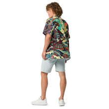 Load image into Gallery viewer, Samurai Summer Shirt: Unisex Button-Up with Epic Japanese Art, back of shirt, on male model
