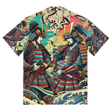 Load image into Gallery viewer, Samurai Summer Shirt: Unisex Button-Up with Epic Japanese Art, front of shirt, laying flat
