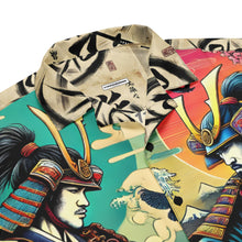 Load image into Gallery viewer, Samurai Summer Shirt: Unisex Button-Up with Epic Japanese Art - Close-up, front, tag
