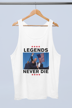 Load image into Gallery viewer, Legends Never Die Trump 2024 Tank Top - Unisex MAGA Apparel [Front of Tank hanging on hanger]
