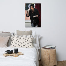 Load image into Gallery viewer, Bedroom with a bed, pillows, and a wall art of a man on the wall.
