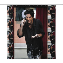 Load image into Gallery viewer, Shower curtain with a collage of a man on the phone, surrounded by smaller images of the same scene.
