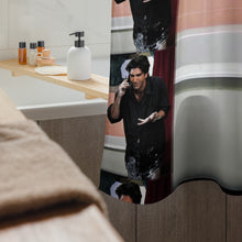 Load image into Gallery viewer, Person talking on a phone in a bathroom with a striped shower curtain.

