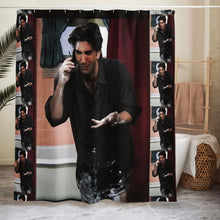Load image into Gallery viewer, Shower curtain with a person on the phone design, featuring multiple images of the same person.

