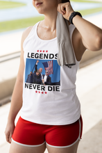 Load image into Gallery viewer, Legends Never Die Trump 2024 Tank Top - Unisex MAGA Apparel [On female model, close-up]
