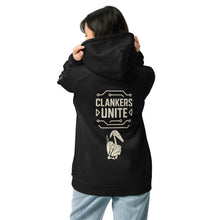 Load image into Gallery viewer, Clanker Lover Unisex Eco Hoodie – Bold Robot Meme Design - Black Back - female Model
