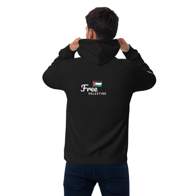 Person wearing a black hoodie with 'Free Palestine' text and flag on the back, on a white background