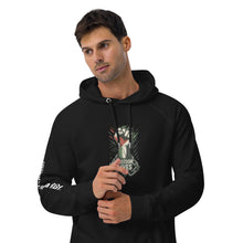 Load image into Gallery viewer, Man wearing a black hoodie with a graphic design on a white background
