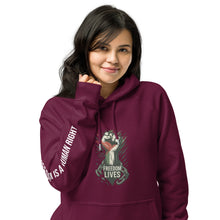 Load image into Gallery viewer, Person wearing a maroon hoodie with a graphic design and text on a white background
