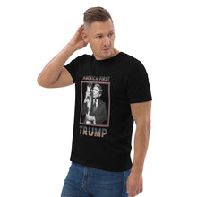 Load image into Gallery viewer, Trump America First Organic Cotton T-Shirt – Unisex &amp; Eco-Friendly on male model [Front of Tee]
