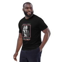 Load image into Gallery viewer, Trump America First Organic Cotton T-Shirt – Unisex &amp; Eco-Friendly [On Male Model 2 - Front of Tee]
