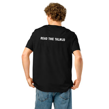 Load image into Gallery viewer, Person wearing a black t-shirt with 'READ THE TALMUD' text on the back, standing against a white background.

