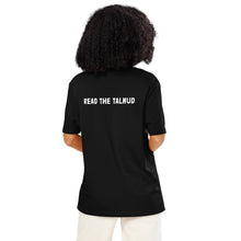 Load image into Gallery viewer, Person wearing a black t-shirt with 'READ THE TALMUD' text on the back.

