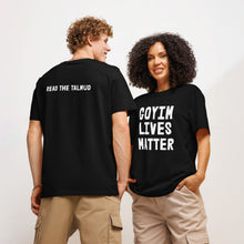 Load image into Gallery viewer, Two people wearing black t-shirts with text on a plain background
