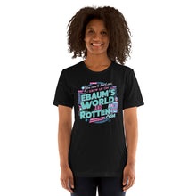 Load image into Gallery viewer, Retro Nostalgia T-Shirt: EBaum’s World &amp; Rotten.com Mashup [On a female model, front of tee]
