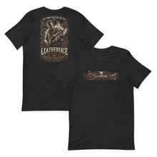 Load image into Gallery viewer, Black t-shirt with white and gold graphics on a white background

