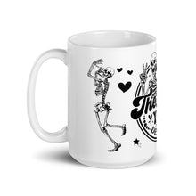 Load image into Gallery viewer, Sturdy &amp; Glossy 15 oz Ceramic Mug featuring &#39;Have The Day You Deserve Skeleton Humor&#39; (LEFT)
