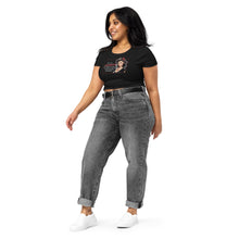 Load image into Gallery viewer, Retro Revelations Women’s Crop Tee | Conspiracy Theorist Design in black on a model wearing black denim jeans
