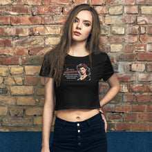 Load image into Gallery viewer, Retro Revelations Women’s Crop Tee | Conspiracy Theorist Design in black on a female young model
