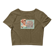 Load image into Gallery viewer, Retro Revelations Women’s Crop Tee | &quot;I Don&#39;t F*ck with Artificial Colors or Flavors or Trust the Government&quot; Olive Crop Top Front view laying flat
