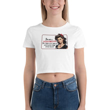 Load image into Gallery viewer, Retro Revelations Women’s Crop Tee | Conspiracy Theorist Design in white on young model front view
