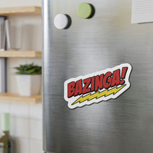Load image into Gallery viewer, Bazinga! 5x5 Large Magnet for fans of The Big Bang Theory TV Show on metal fridge in kitchen
