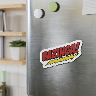 Bazinga! 5x5 Large Magnet for fans of The Big Bang Theory TV Show on metal fridge in kitchen