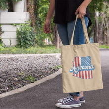 Load image into Gallery viewer, arizona-stars-and-stripes-tote-bag-woman-standing

