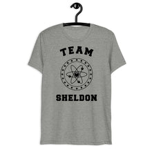 Load image into Gallery viewer, Team Sheldon Bazinga T-Shirt for Fans of The Big Bang Theory Gray on a Hanger
