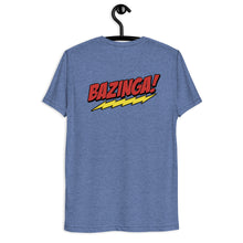 Load image into Gallery viewer, Team Sheldon Bazinga T-Shirt for Fans of The Big Bang Theory blue rear on a hanger

