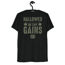 Load image into Gallery viewer, Hallowed Be Thy Gains Pump Cover T-Shirt for Gymrats The Christian American Youth Pastor on hanger back view
