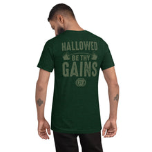 Load image into Gallery viewer, Hallowed Be Thy Gains Pump Cover T-Shirt for Gymrats The Catholic Priest Emerald Green T-Shirt Worn by young fit man back view
