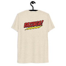 Load image into Gallery viewer, Team Sheldon Bazinga T-Shirt for Fans of The Big Bang Theory Back View Bazinga on a hanger
