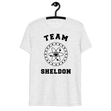 Load image into Gallery viewer, Team Sheldon Bazinga T-Shirt for Fans of The Big Bang Theory White front on a hanger
